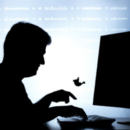 description: a silhouette of a person sitting at a desk, typing on a computer, with the twitter logo on the screen.