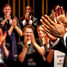 description: an image depicting a group of people applauding and cheering for an individual receiving an award, with their faces blurred to maintain anonymity.