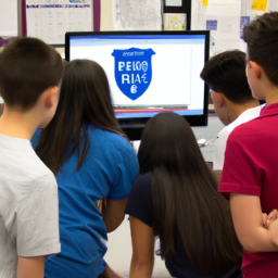 Description: A group of students looking at a computer screen, with the Project POTUS logo on the screen.
