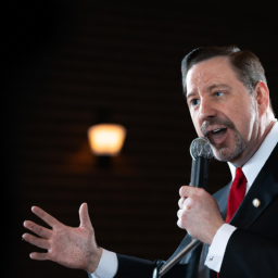 a photo of a man speaking into a microphone at a political rally. he is wearing a suit and tie and appears to be passionate about the issues he is discussing.