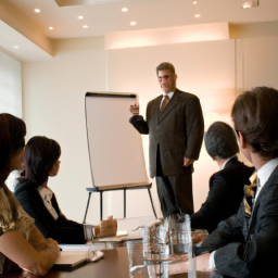 A person in a business suit standing in a boardroom, presenting to a group of people.