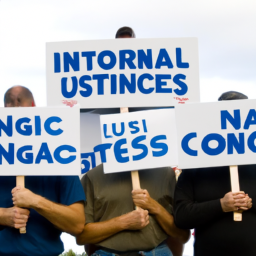 A group of people standing in a line, each holding a sign with a different symbol on it. The signs are labeled with the words "Congress," "White House," "Gun Laws," "National Security," and "International."
