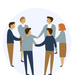 A group of people standing in a circle, discussing policy and shaking hands.