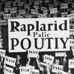 A black-and-white image of a large crowd of people, with a few individuals wearing suits and ties, holding up signs and banners with the words "Republican Party" in bold print.