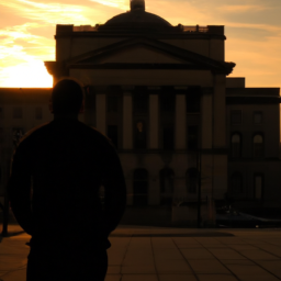 A silhouette of a person standing in front of a large bank building, with the sun setting in the background.