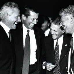 description: a photo of five former u.s. presidents gathered together at an event, smiling and speaking to one another.