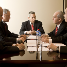 A group of people in suits gathered around a conference table discussing politics.