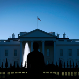 description: a silhouette of a person standing in front of the white house, symbolizing the position of the president of the united states.