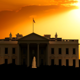 description: a silhouette of the white house against a sunset sky.source: https://pixabay.com/photos/white-house-government-america-75579/