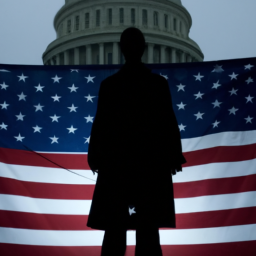description: a silhouette of a person standing in front of a government building, with the american flag waving in the background. the figure is faceless, representing the idea that political corruption can come from any politician, regardless of party or background.