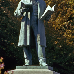 description: an anonymous image shows a memorial statue of a prominent political figure in a park, surrounded by trees and flowers. the figure is depicted standing tall and holding a book, symbolizing knowledge and leadership.