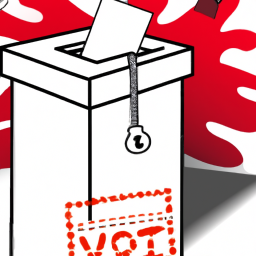 An illustration of a ballot box with a banner that reads "Vote!" and a dotted line connecting the box to a figure in the background.