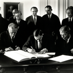 description: an anonymous image depicting a president signing a document with a pen, surrounded by advisors and officials, symbolizing the use of signing statements in the white house.