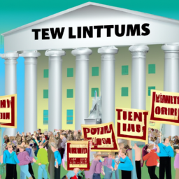 An illustration of a crowd of people outside a building with columns, holding signs and banners that say "Term Limits Now!"