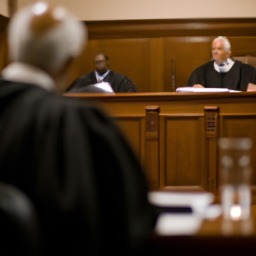description: an anonymous image of a courtroom with judge mehta presiding over a trial. the judge is wearing a black robe and appears to be listening intently to the proceedings. the defendant, who is not identifiable, is seated at a nearby table with their legal team.