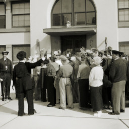 A group of citizens standing in front of a police station, looking up at the Chief of Police, who is addressing them with a microphone.