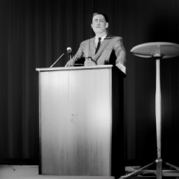 description: a black and white photograph of a man in a suit standing at a podium, giving a speech. the image is anonymous and does not depict any specific person.