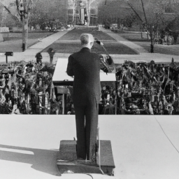 description: a black and white photograph of a man in a suit and tie standing at a podium, speaking to a large crowd. the crowd is composed of men and women of various ages and ethnicities. the man is presumably giving a speech or making an announcement, and the crowd is listening intently. the setting appears to be a public square or park, with trees and buildings visible in the background.