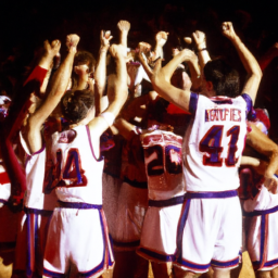 Description: A picture of the James Madison Dukes team in their red and blue uniforms, cheering and celebrating a win.