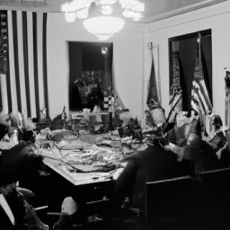description: a black and white photograph depicting a group of politicians gathered in a conference room, engaged in a serious discussion. the room is adorned with american flags, symbolizing the importance of national affairs.