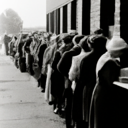 Description: A black and white photograph of a breadline during the Great Depression, with men and women waiting in line to receive food assistance.