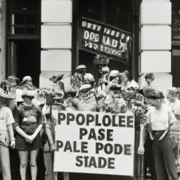 description: a group of people gathered outside a government building, holding signs and banners with slogans such as "evan sadler for president" and "power to the people." some are wearing t-shirts or hats with the party's logo, which features a stylized eagle with the words "hope" and "change" underneath.