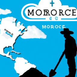 description: a map of the americas with a silhouette of a person burying a tombstone with the words "monroe doctrine" on it. the person is wearing a hat and holding a shovel. the background is a blue sky with clouds.