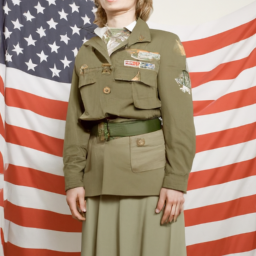 description: a woman wearing a military uniform standing in front of an american flag.