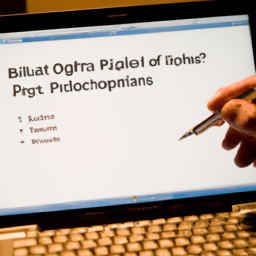 description: a person holding a pen and paper, with a political quiz displayed on their laptop screen.