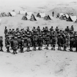 description: an anonymous image depicting a group of soldiers gathered in a foreign terrain, ready for action.