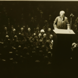 description: an anonymous image of franklin d. roosevelt delivering a speech from a podium, surrounded by a crowd of people.