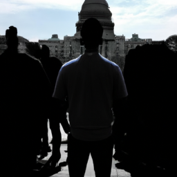 A silhouette of a person standing in front of the US Capitol building, with a crowd of people in the background.
