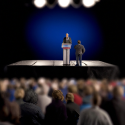 Two political figures on a stage in front of a crowd.