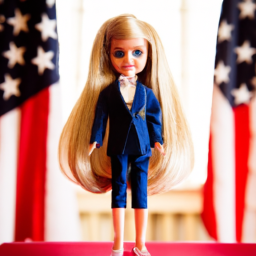 description: an anonymous image featuring a barbie doll dressed in a presidential suit, standing in front of a podium with the american flag in the background.