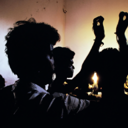 description: an anonymous image depicts a group of people congregating in a place of worship, their faces obscured by shadows, as they engage in prayer and spiritual rituals.