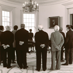 description: an anonymous image captures a group of individuals standing in the white house, engaged in a discussion. the atmosphere appears serious and focused, reflecting the weight of the topics being discussed.