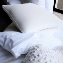 description: an image showing a fluffy white down pillow and a luxurious down comforter on a bed, inviting a peaceful and comfortable sleep environment.