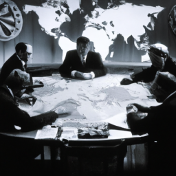 description: World leaders gathered around a table, engaged in a tense discussion, with a map of the world in the background.