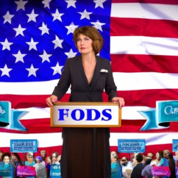 description (anonymous): an image featuring a woman of middle age with a confident and determined expression. she is dressed in professional attire and is standing in front of a podium, addressing a crowd of supporters. the background is filled with a mix of american flags and campaign banners, creating a vibrant atmosphere.