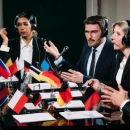 description: a group of politicians from different countries are sitting around a table, engaged in intense discussions. they are all wearing headphones and speaking into microphones, suggesting that they are using translation services to communicate across different languages.