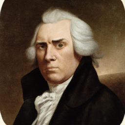 description: a portrait of a man with a stern expression, wearing a powdered wig and a dark coat. he is facing forward and his shoulders are slightly turned to the right.