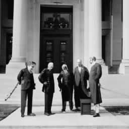 description: a black and white photo of a group of people standing outside a government building. they are dressed in formal attire and appear to be discussing something.