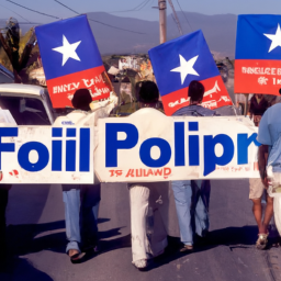 description: A group of people holding signs and banners with the logo of the Forward Political Party, marching through the streets of a Haitian city.
