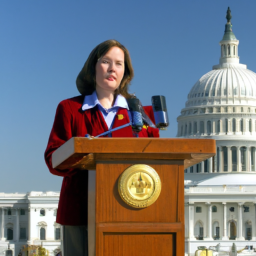 description: A photo of Rep. Diana DeGette speaking at a podium, with the U.S. Capitol building visible in the background.