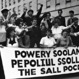 description: an anonymous black and white photograph of a group of people holding up signs and banners that read "socialism now" and "power to the people." they are gathered outside of a government building, and there are police officers standing nearby. the photograph captures the energy and passion of the protesters, as well as the tension and conflict that often arise when people demand change.