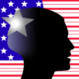 A silhouette of a head with the stars of the American flag behind it.