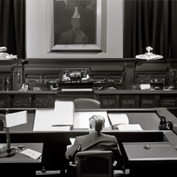 description: a man sitting at a desk in a senate chamber with a newly installed monitor that rises or lowers.