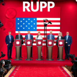 description (anonymous): the image shows a podium with the republican party logo in the background, surrounded by microphones and cameras. a group of diverse individuals, dressed in formal attire, stand behind the podium, representing the republican presidential candidates for the 2024 election.
