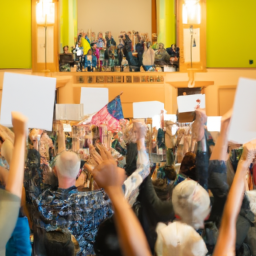 A group of people of various ages, genders, and races gathered around a podium in a large hall, holding up signs and cheering in unison.