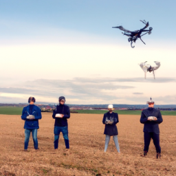 A group of people, wearing goggles and using remote controls, stand in a field, surrounded by drones in the air.